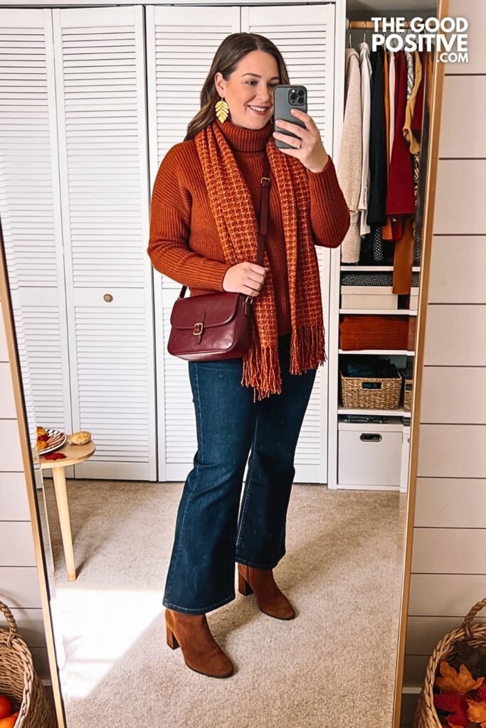Copper Mock Neck with Deep Indigo Wide-Leg Denim