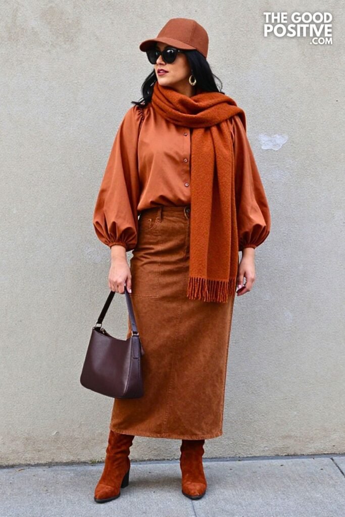 Copper Puff Sleeve Blouse with Walnut Maxi Denim Skirt