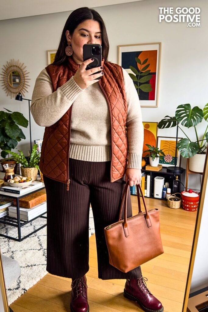 Copper Quilted Vest with Oatmeal Sweater and Pleated Trousers