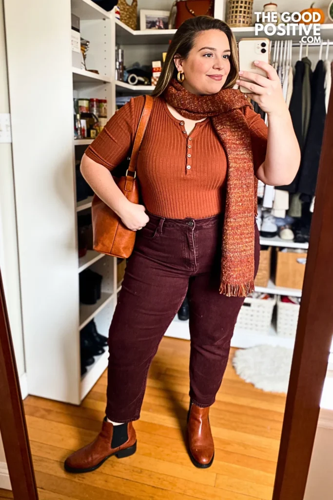 Copper Ribbed Henley With Deep Espresso Horseshoe Jeans