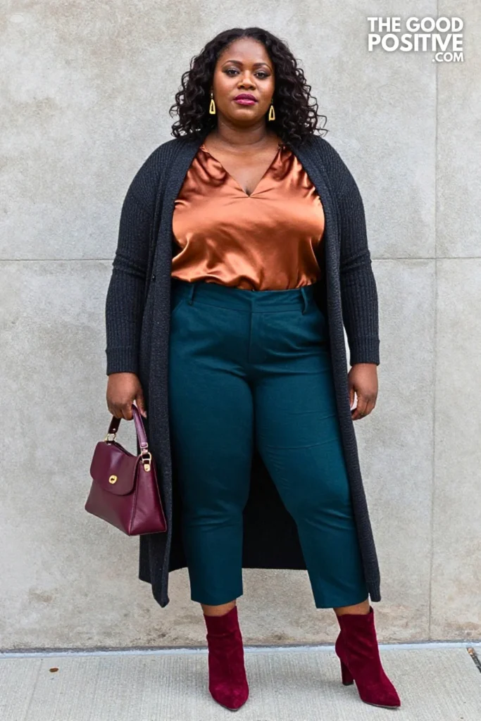 Copper Satin Blouse, Teal Culottes, And Charcoal Cardigan