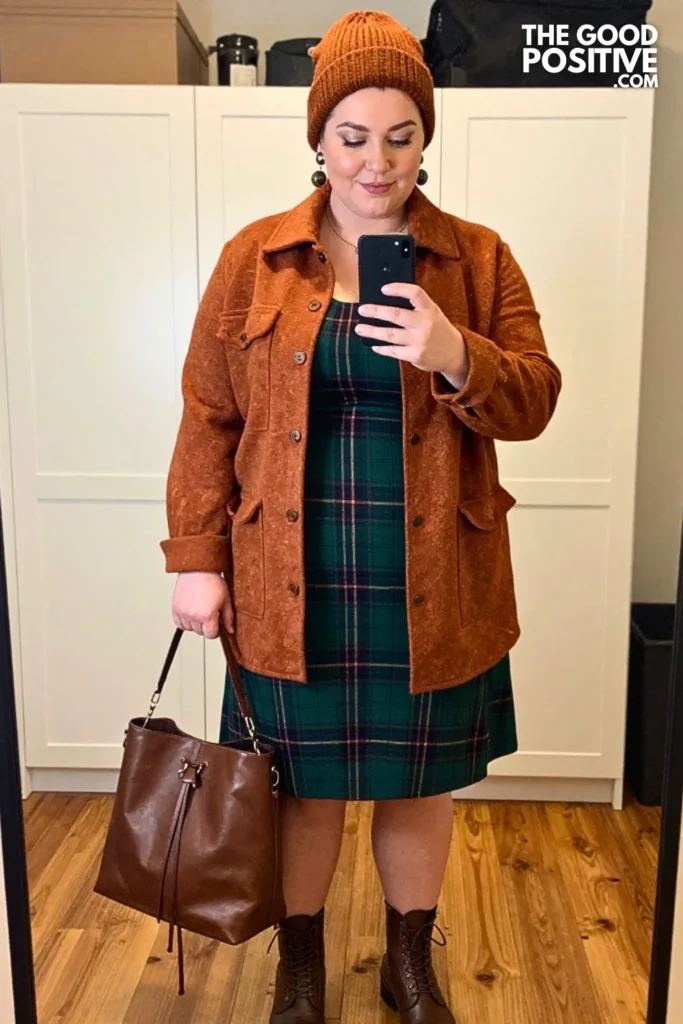 Copper Shacket With Forest Plaid Midi Dress