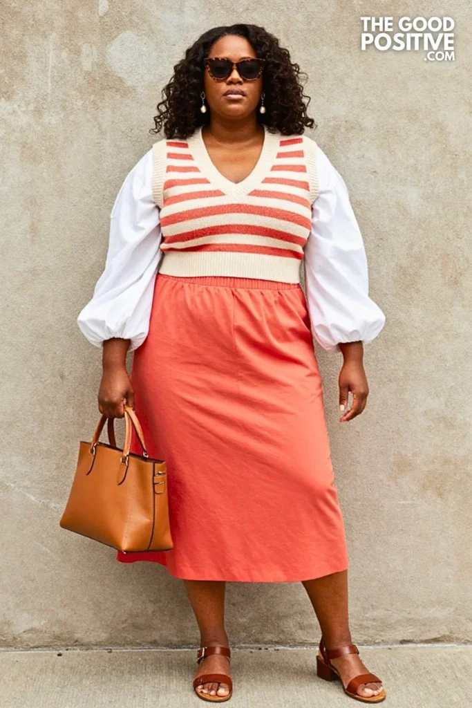 Coral Knit Vest With Feminine Midi Skirt Outfit