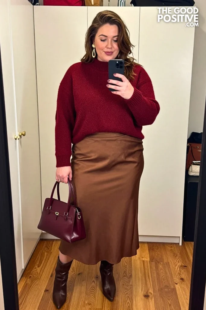 Cranberry Mock-Neck Sweater With Cocoa Bias-Cut Satin Skirt