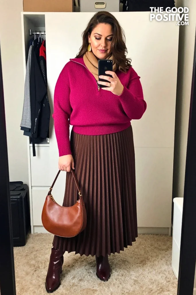 Cranberry Quarter-Zip Knit With Mocha Pleated Maxi Skirt