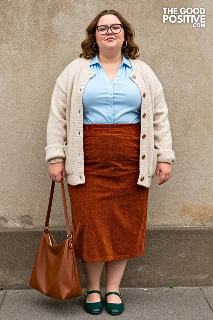 Cream Cardigan, Rust Skirt, And Green Mary Janes
