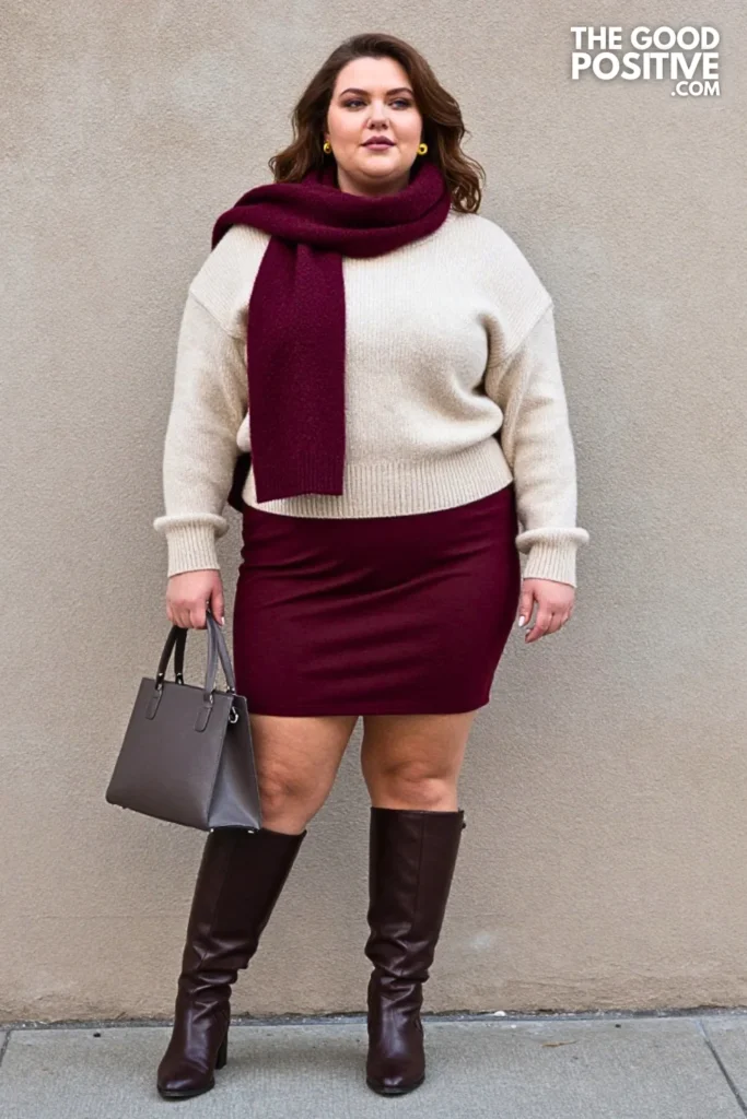 Cream Fair Isle Knit, Burgundy Skirt & Tall Boots