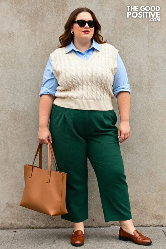 Cream Knit Vest, Green Trousers, And Loafers