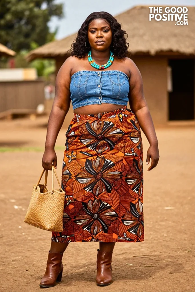 Cropped Denim Shirt With Burnt-Orange Ankara Maxi Skirt
