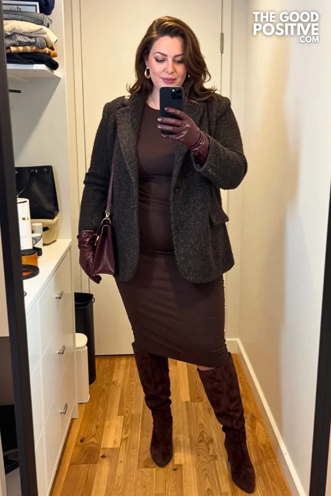 Dark Fig Knit Blazer With Camel Ponte Midi Dress