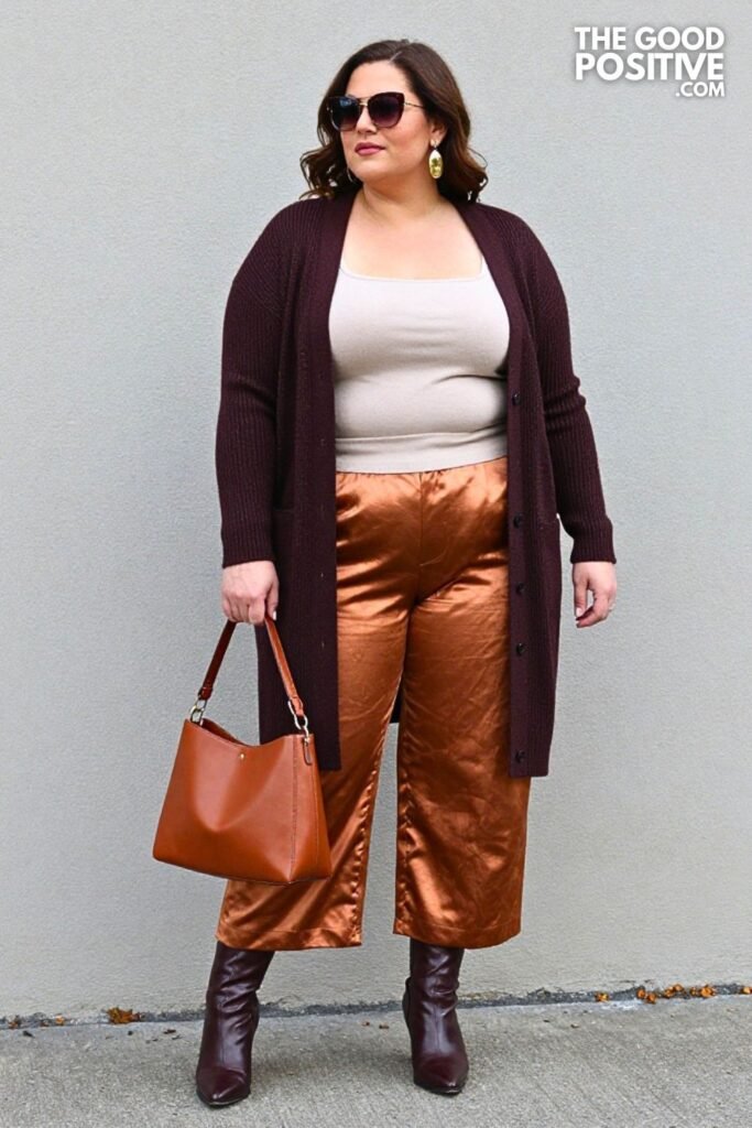 Dark Fig Ribbed Cardigan with Copper Twill Palazzo Pants
