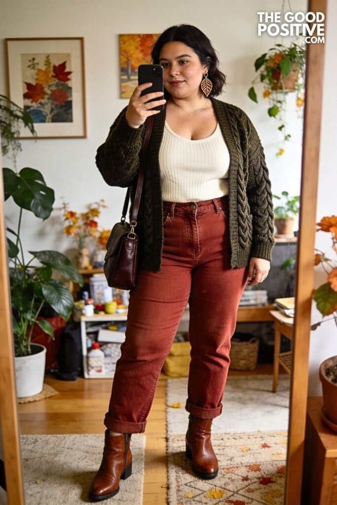 Dark Moss Cable Knit Cardigan with Brick Red Sailor Jeans