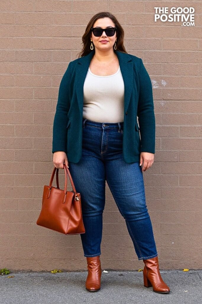 Dark Teal Knit Blazer with Copper Denim Trousers