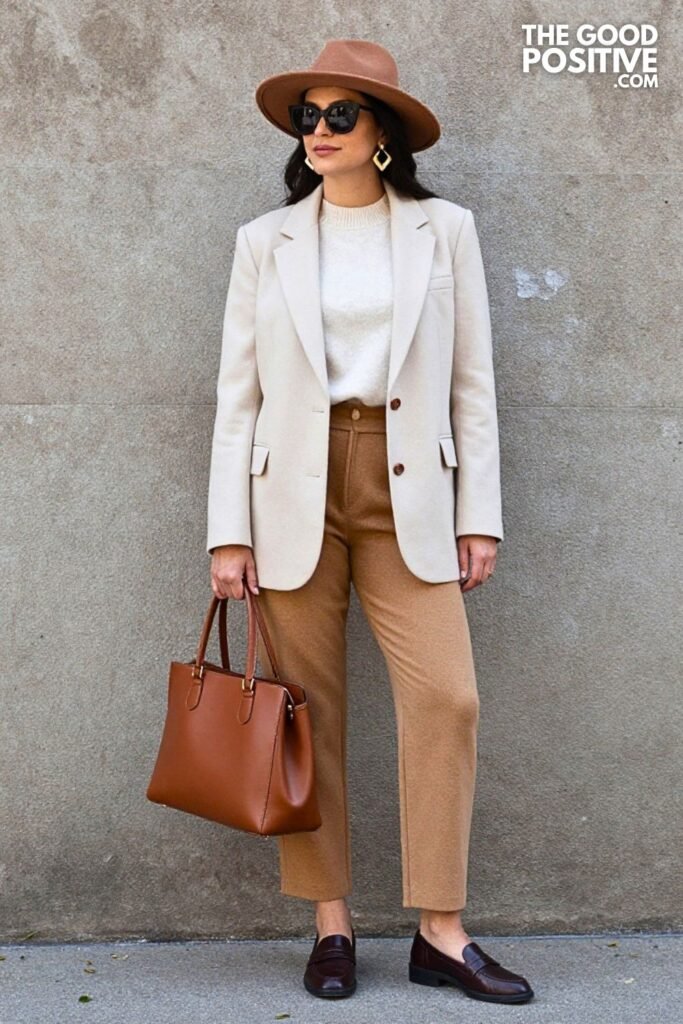 Deep Berry Blazer with Camel Knit Trousers