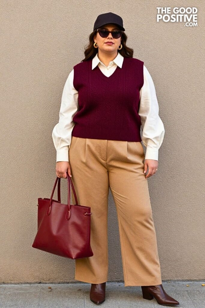 Deep Burgundy Sweater Vest with Camel Full-Length Pleated Trousers