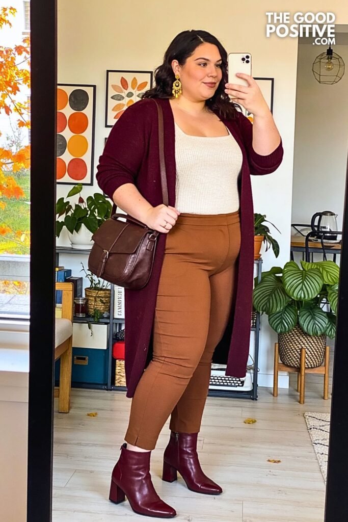 Deep Plum Cardigan Coat with Coffee Ponte Trousers