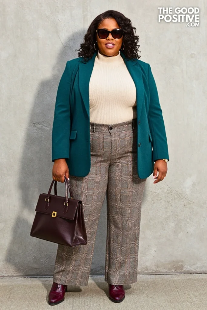 Deep Teal Blazer, Plaid Pants, And Burgundy Oxfords