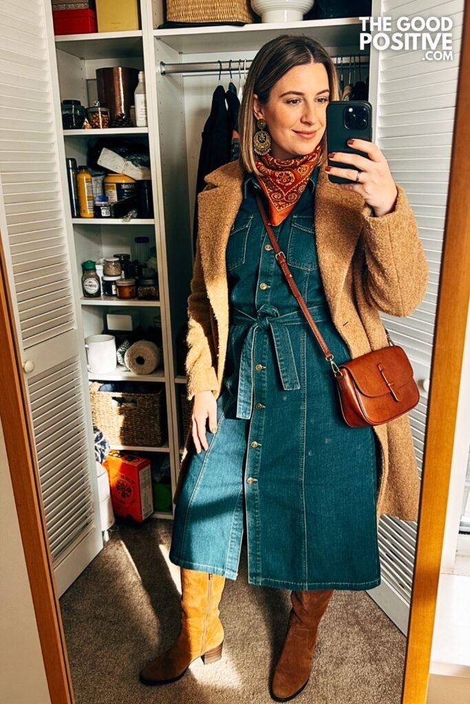 Deep Teal Denim Midi Dress with Chestnut Suede Boots