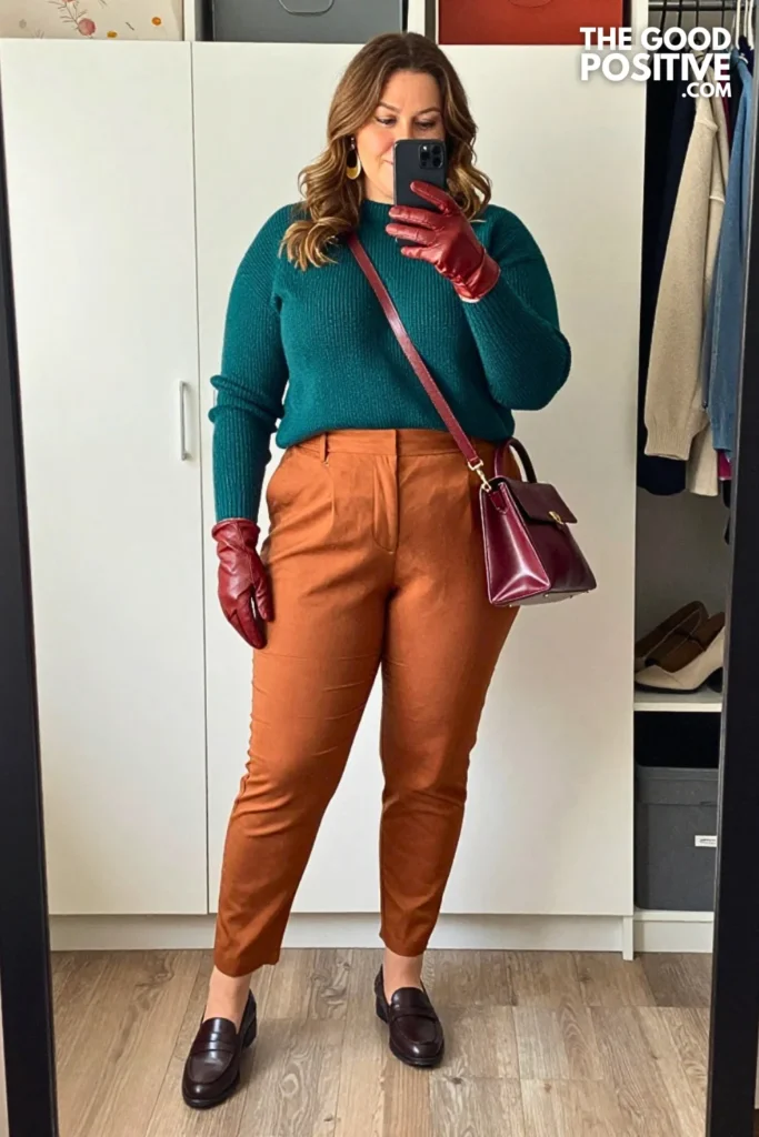 Deep Teal Funnel-Neck Sweater With Copper Barrel Trousers