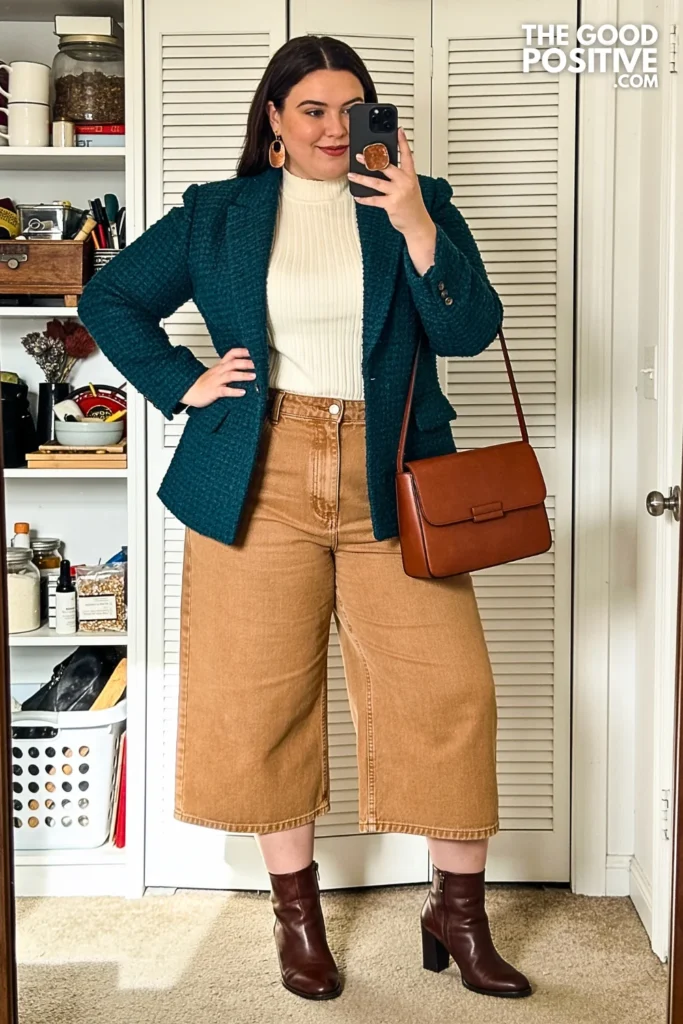 Deep Teal Knit Blazer With Camel Soft Denim Culottes
