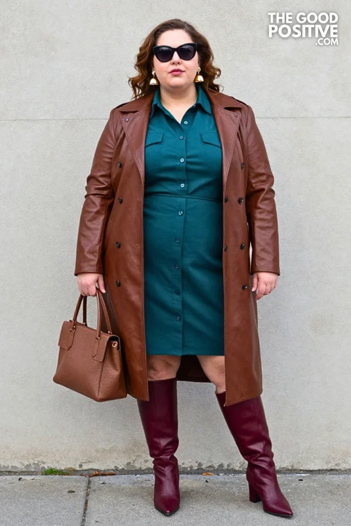 Deep Teal Shirt Dress, Chocolate Leather Vest, and Burgundy Boots