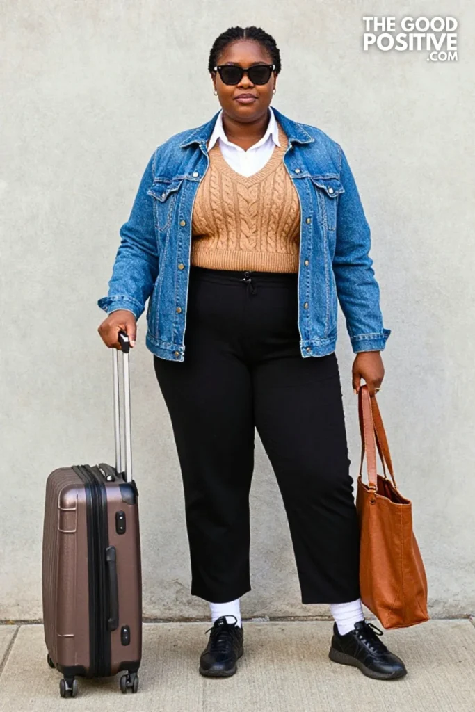 Denim Jacket, Sweater Vest, and Relaxed Trousers