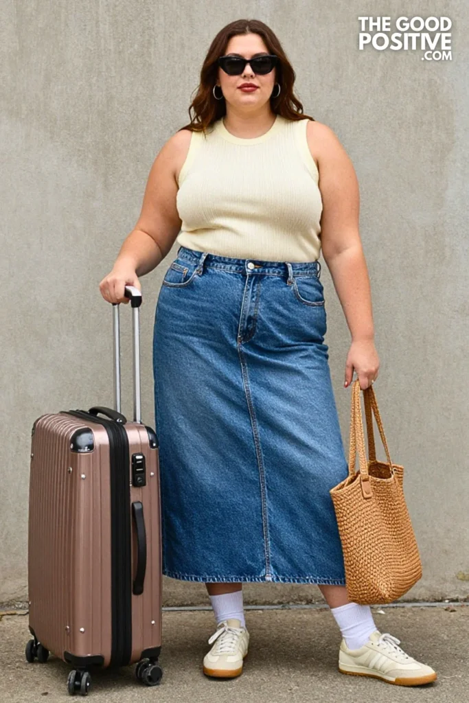 Denim Maxi Skirt, Sleeveless Knit, and Cotton Overshirt