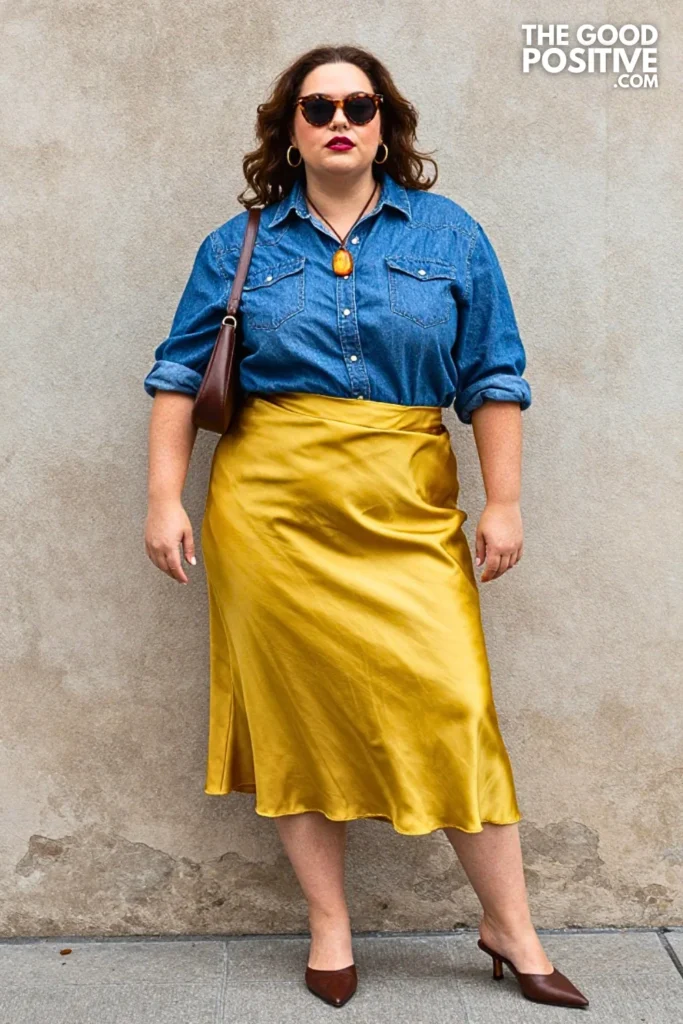 Denim Shirt With Marigold Satin Skirt Outfit