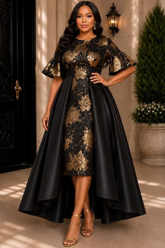Plus Size Formal Black Foil Print Round Neck Puff Sleeve Short Sleeve With Skirt Overlay Satin Midi Dress