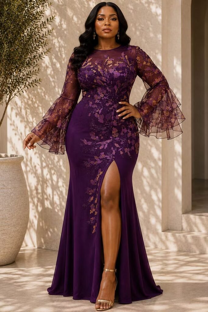 Plus Size Formal Purple Floral Round Neck Flare Long Sleeve Split See Through Tulle Maxi Dress