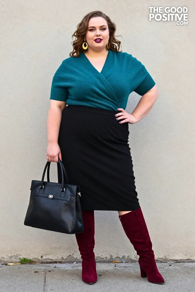 Draped Knit Top, Pleated Skirt & Tall Boots