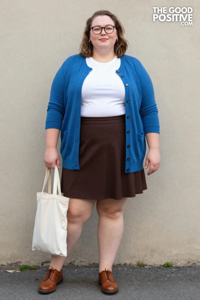 Dusty Blue Cardigan, Brown Skirt, And Oxford Shoes
