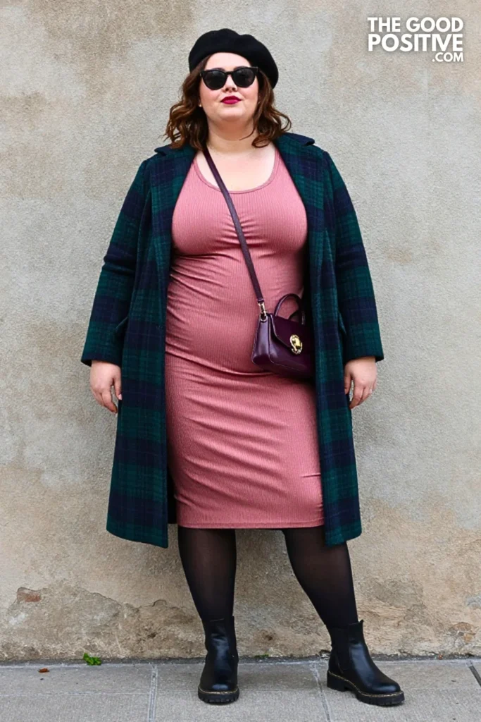 Dusty Rose Dress With Tartan Coat Outfit