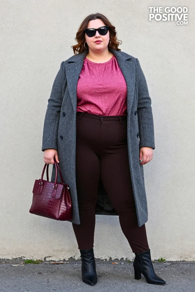 Dusty Rose Jacquard Blouse, Chocolate Trousers, and Gray Coat