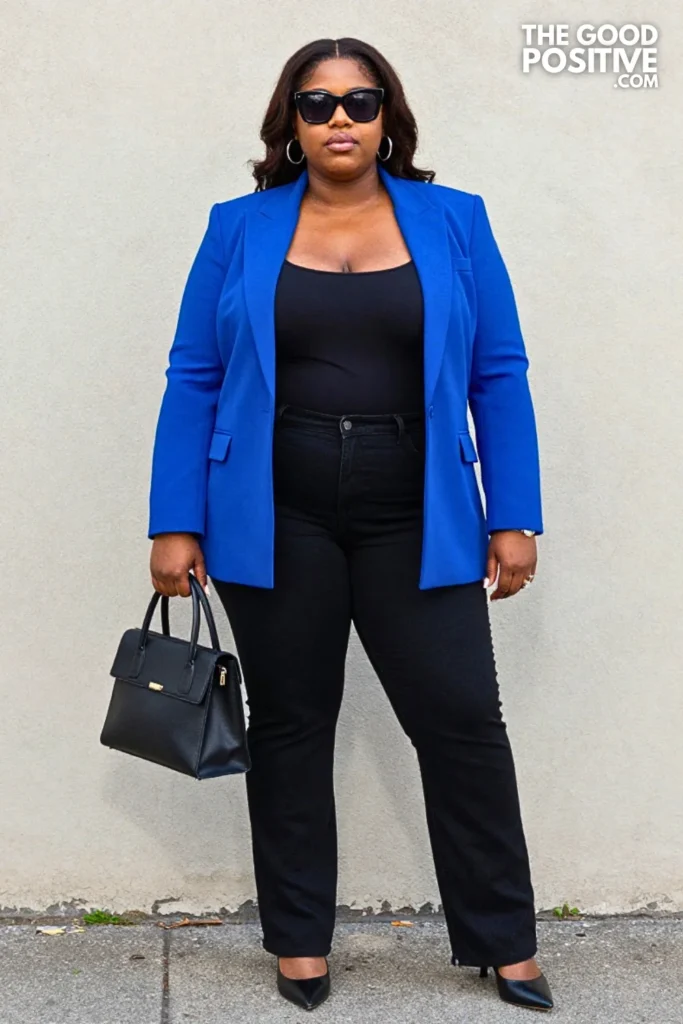 Electric Blue Blazer With Black Jeans Outfit