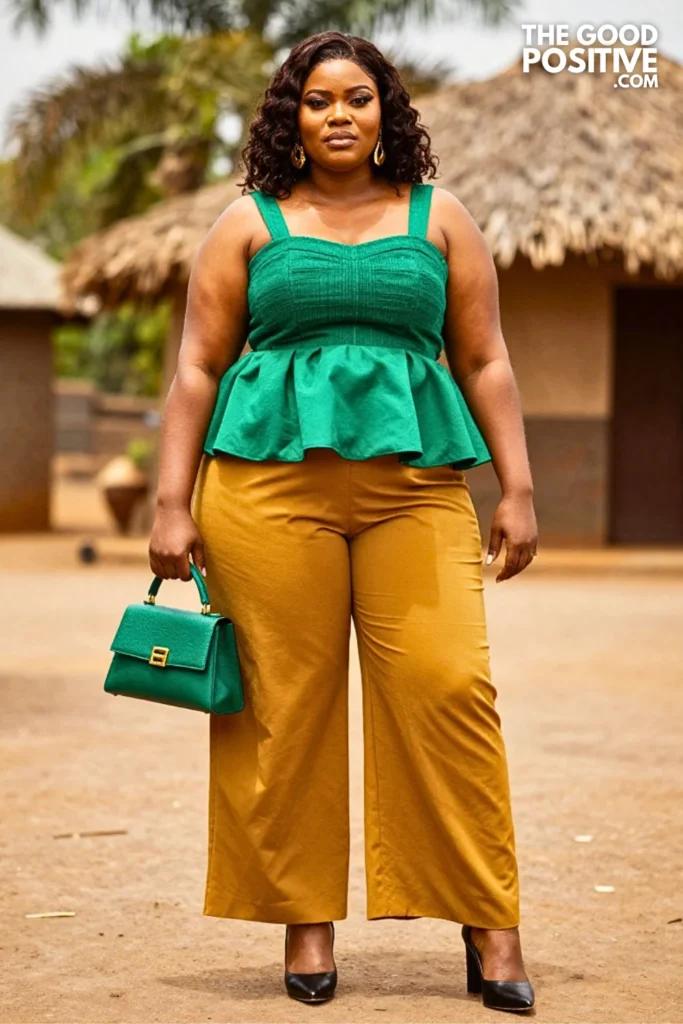 Emerald Ankara Bustier Top With Mustard Palazzo Trousers