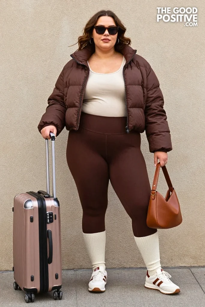 Espresso Brown Leggings, Cropped Puffer, and Retro Sneakers