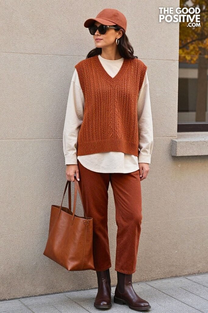 Espresso Knit Vest with Rust Palazzo Jeans