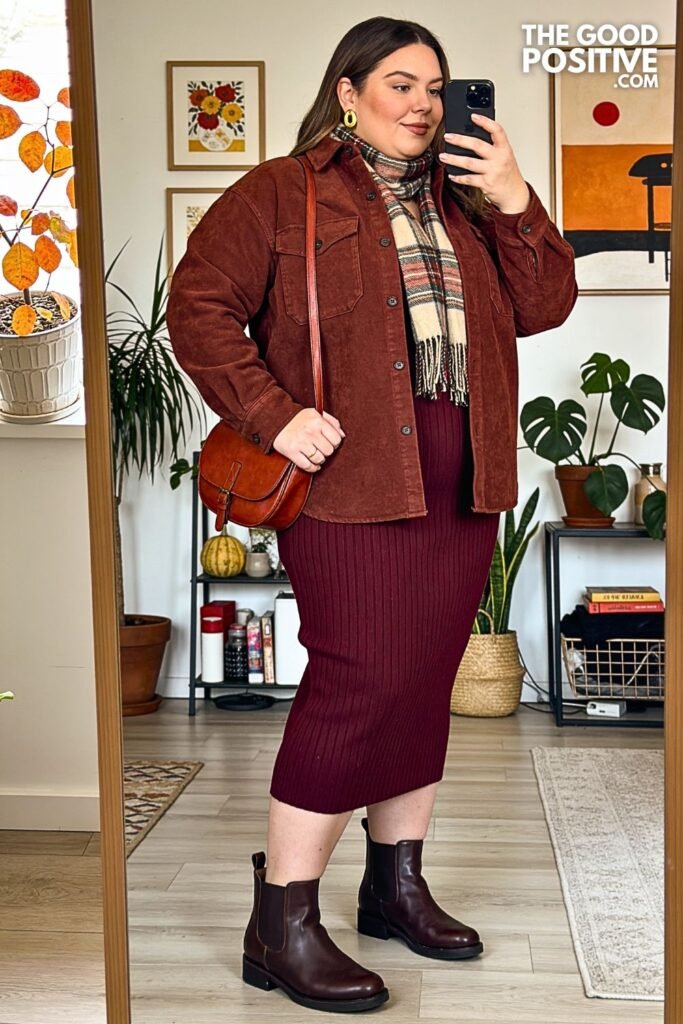 Espresso Shirt Jacket with Merlot Knit Column Dress