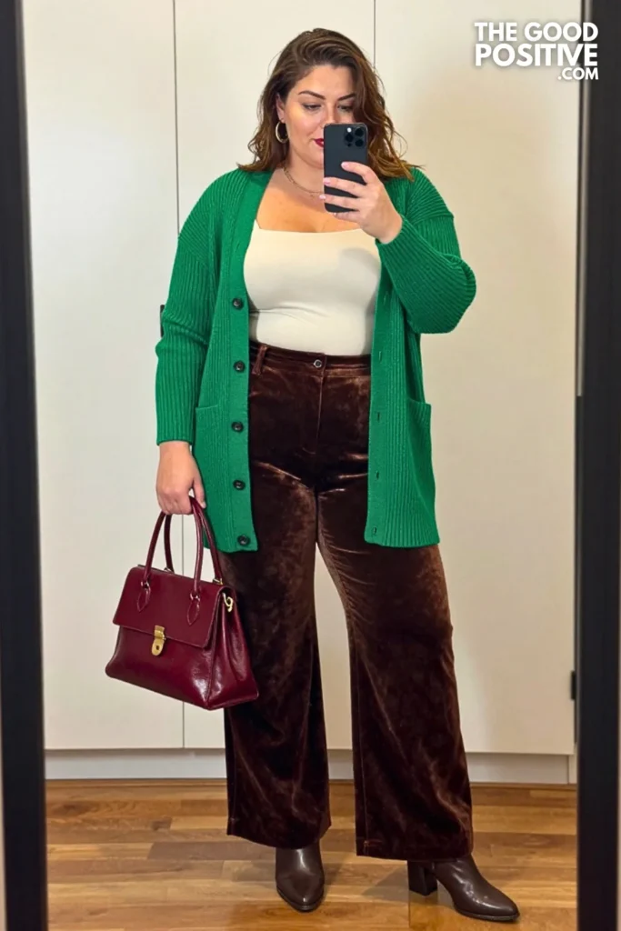Evergreen Ribbed Cardigan With Cocoa Wide-Leg Velvet Pants