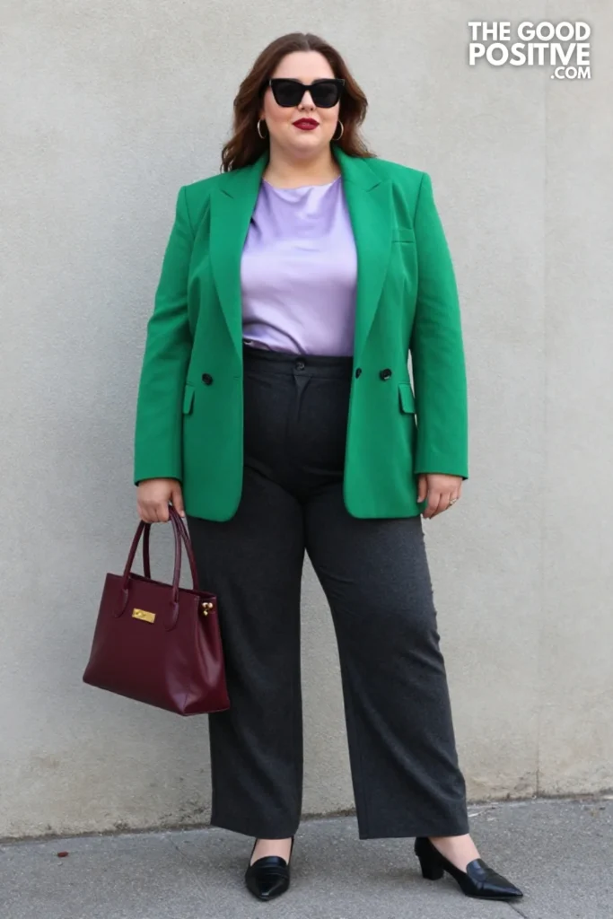 Forest Green Blazer, Lavender Shell, and Charcoal Palazzo Pants