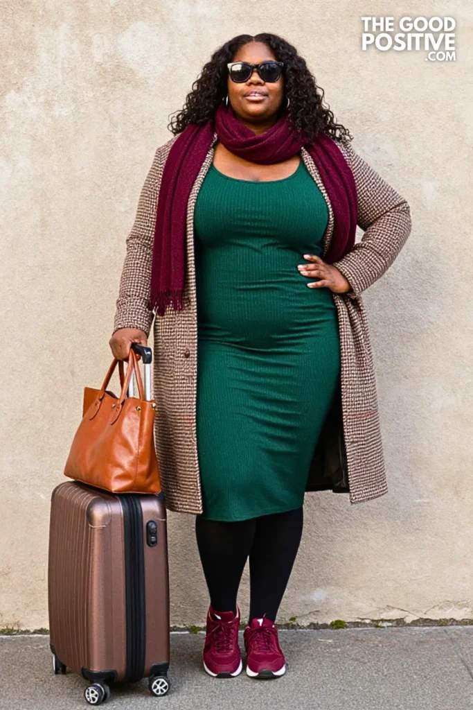Forest-Green Knit Dress, Checked Coat, and Burgundy Sneakers