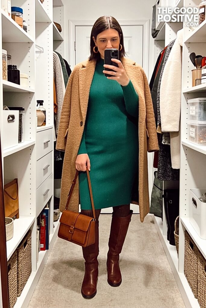 Forest Green Knit Dress with Chocolate Riding Boots