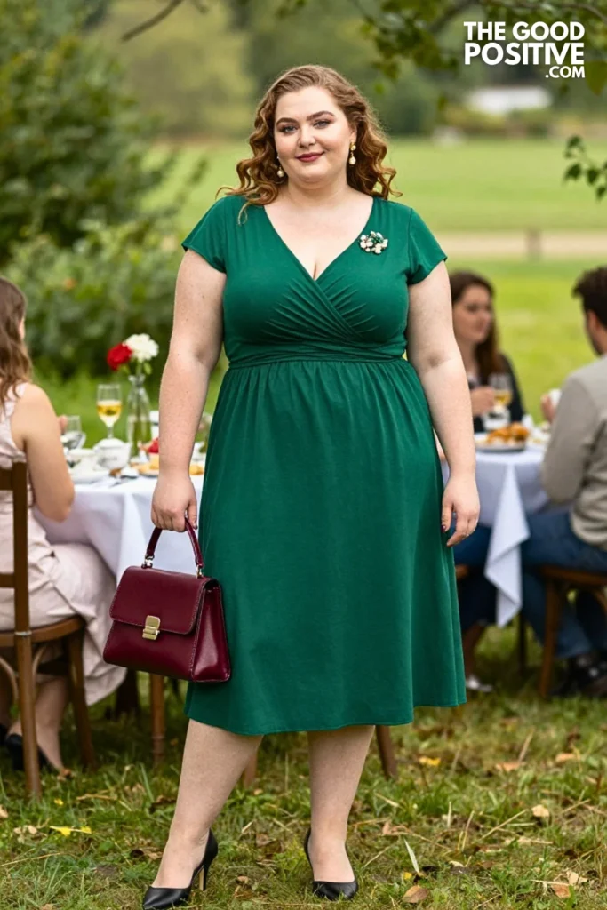 Forest Green Midi Dress With Brooch