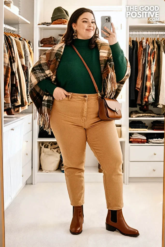 Forest Green Mock Neck With Camel Sailor Jeans
