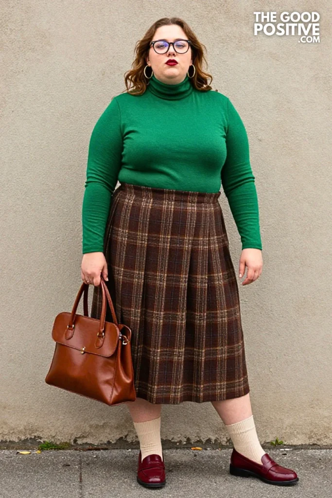 Forest Green Turtleneck, Plaid Midi Skirt, And Oxblood Loafers