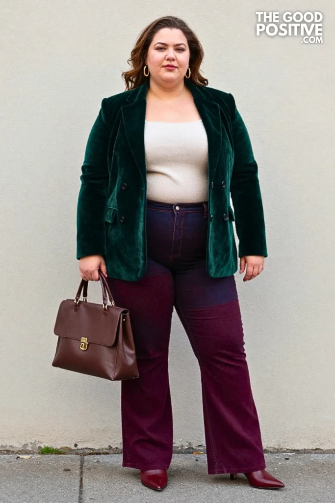 Forest-Green Velvet Blazer And Indigo Flare Jeans
