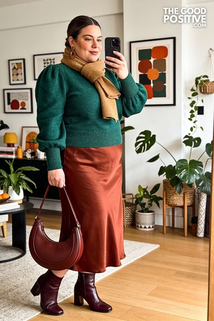 Forest Knit Blouson with Rust Bias Midi Skirt