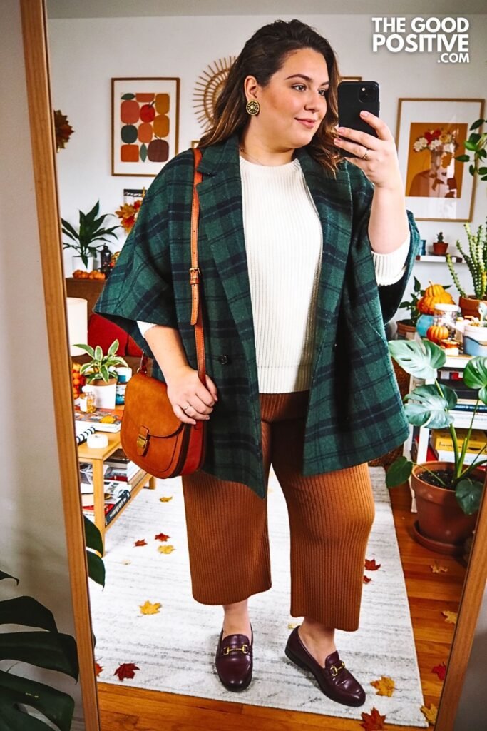 Forest Plaid Cape Blazer with Cinnamon Knit Culottes