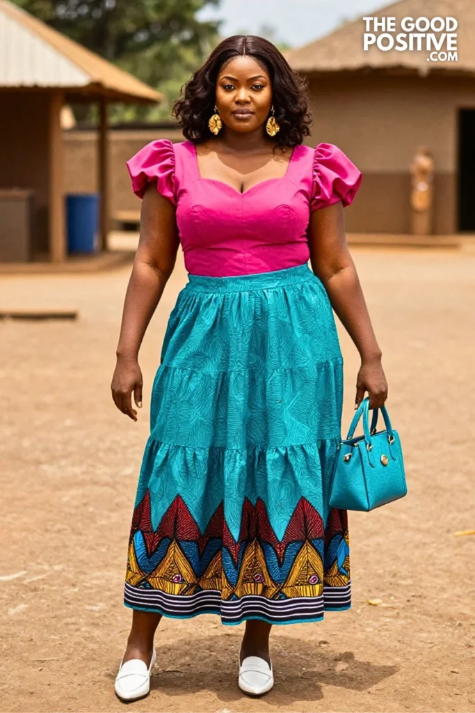 Fuchsia Ankara Top With Turquoise Tiered Midi Skirt